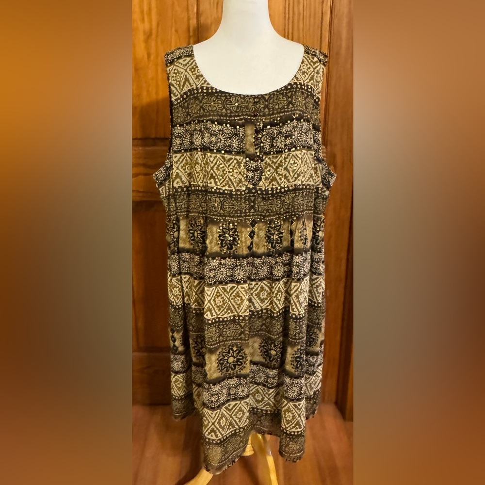 Dress Barn Size 24 Brown Floral Geo Sleeveless w/Pleats  & Metallic Accents.EUC